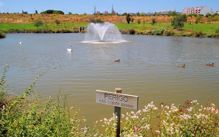 aspecto do lado, com patos e um letreiro